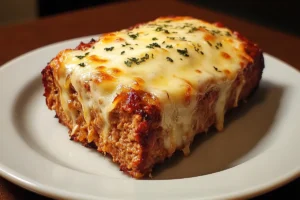 Juicy Crockpot French Onion Meatloaf with melted cheese and caramelized onions on top.