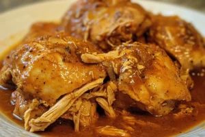 A bowl of shredded Crockpot Mississippi Chicken served with mashed potatoes and topped with pepperoncini peppers.

