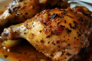 A bowl of shredded Crockpot Mississippi Chicken served with mashed potatoes and topped with pepperoncini peppers.

