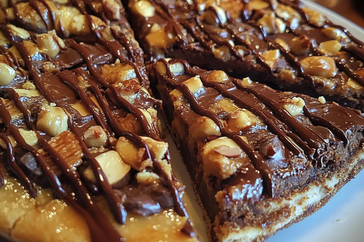 Image of a delicious Brownie Lover’s Peanut Butter Pizza topped with creamy peanut butter, chocolate chips, and chopped peanuts.