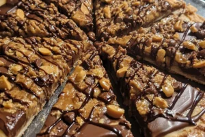 Image of a delicious Brownie Lover’s Peanut Butter Pizza topped with creamy peanut butter, chocolate chips, and chopped peanuts.

