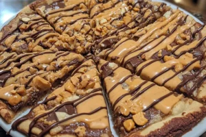 Image of a delicious Brownie Lover’s Peanut Butter Pizza topped with creamy peanut butter, chocolate chips, and chopped peanuts.

