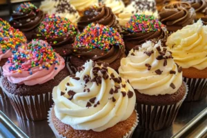 A batch of bakery-style cupcakes with swirled buttercream frosting, beautifully decorated with sprinkles on a rustic wooden table. 