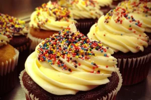 A batch of bakery-style cupcakes with swirled buttercream frosting, beautifully decorated with sprinkles on a rustic wooden table. 