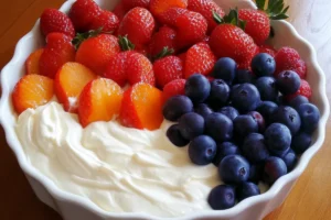 A bowl of creamy cream cheese fruit dip served with fresh fruit like strawberries, grapes, and apple slices.