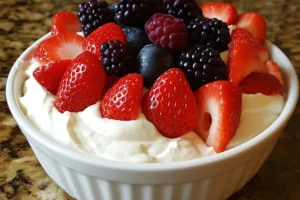 A bowl of creamy cream cheese fruit dip served with fresh fruit like strawberries, grapes, and apple slices.