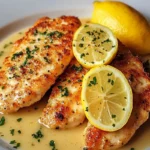 "Chicken Piccata with lemon sauce, garnished with parsley and lemon slices on a plate"