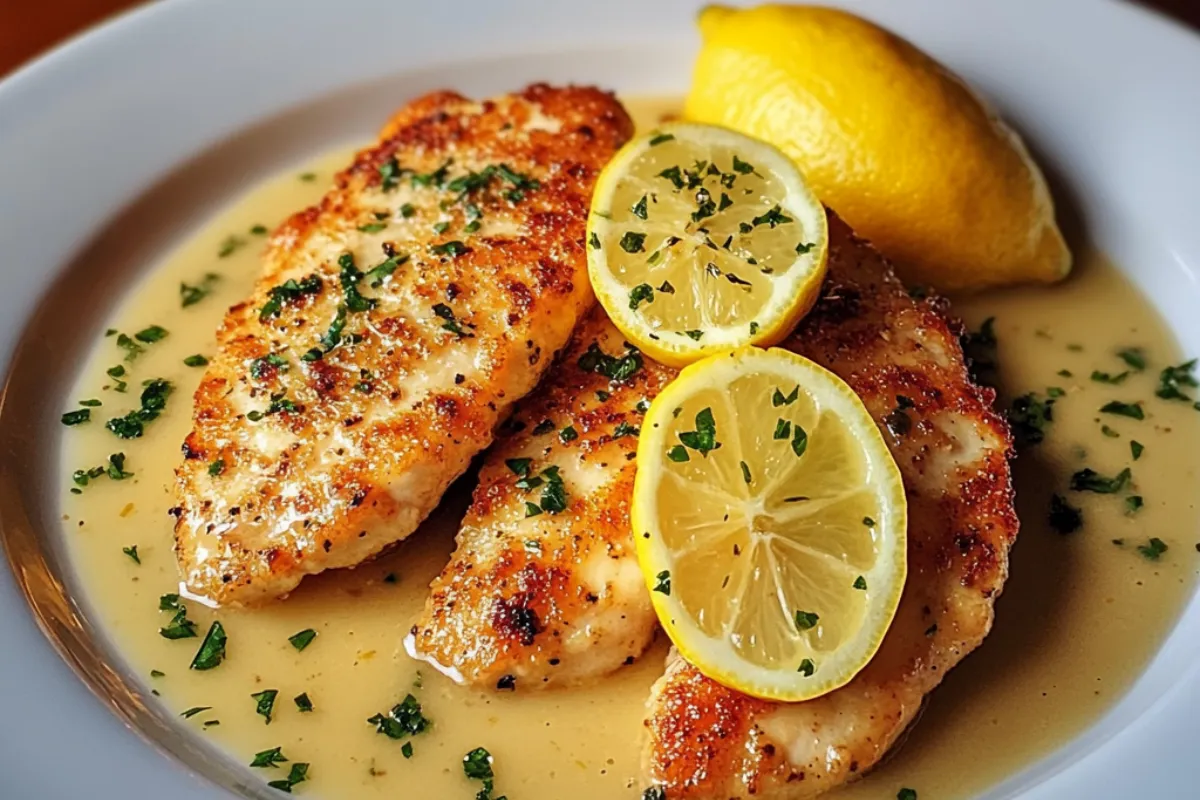 "Chicken Piccata with lemon sauce, garnished with parsley and lemon slices on a plate"