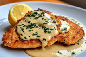 "Chicken Piccata with lemon sauce, garnished with parsley and lemon slices on a plate"

