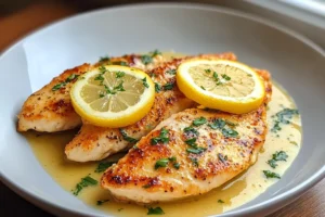 "Chicken Piccata with lemon sauce, garnished with parsley and lemon slices on a plate"

