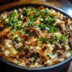 Cheddar-crusted ground beef and rice casserole with melted cheese on top, served in a baking dish