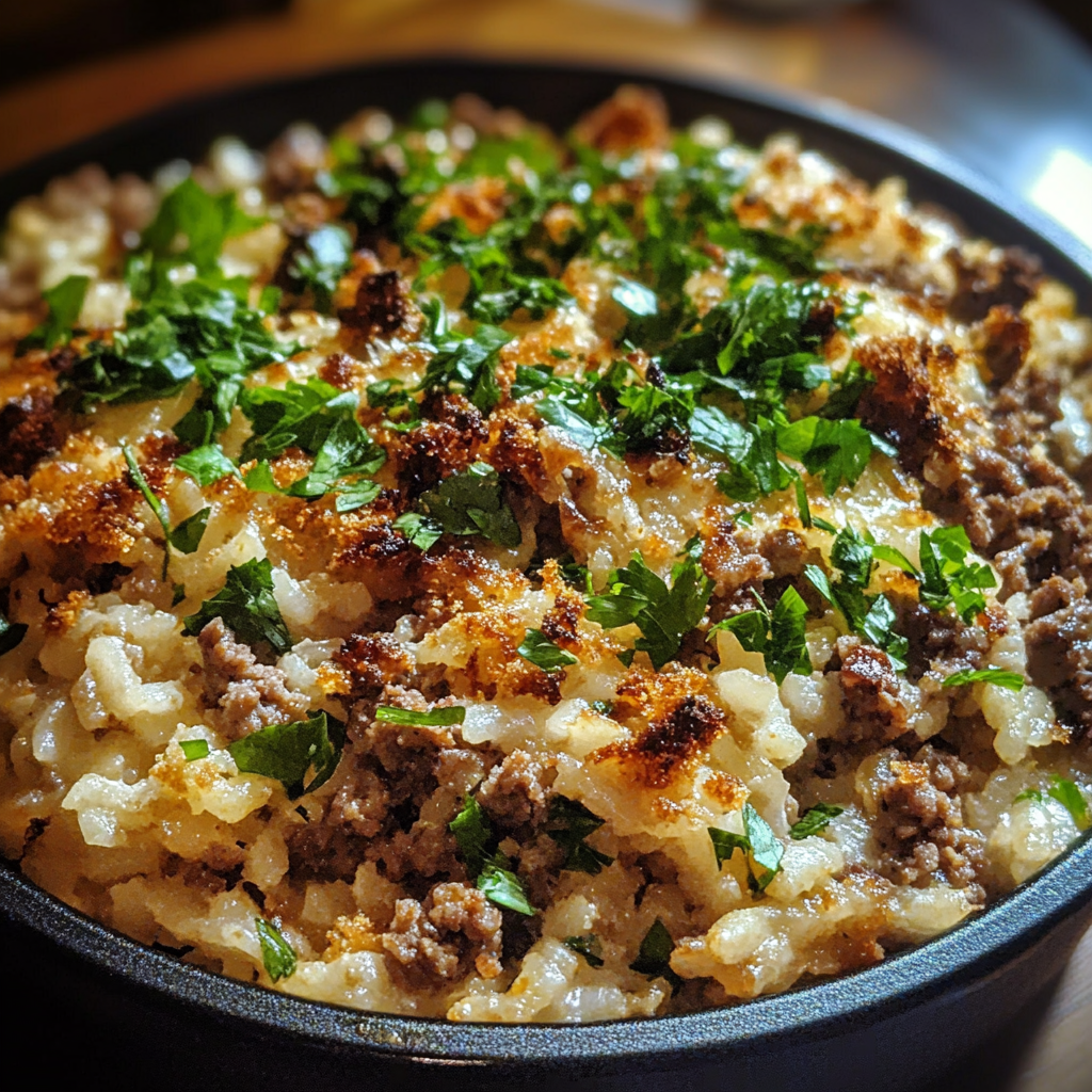 Cheddar-crusted ground beef and rice casserole with melted cheese on top, served in a baking dish