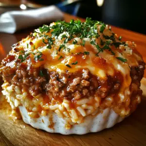 Cheddar-crusted ground beef and rice casserole with melted cheese on top, served in a baking dish

