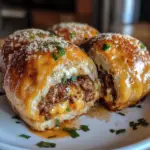 Garlic Parmesan Cheeseburger Bombs on a plate with melted cheese and golden brown biscuit crust. Perfect savory snack or appetizer.