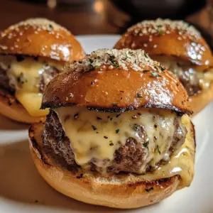 Garlic Parmesan Cheeseburger Bombs on a plate with melted cheese and golden brown biscuit crust. Perfect savory snack or appetizer. 