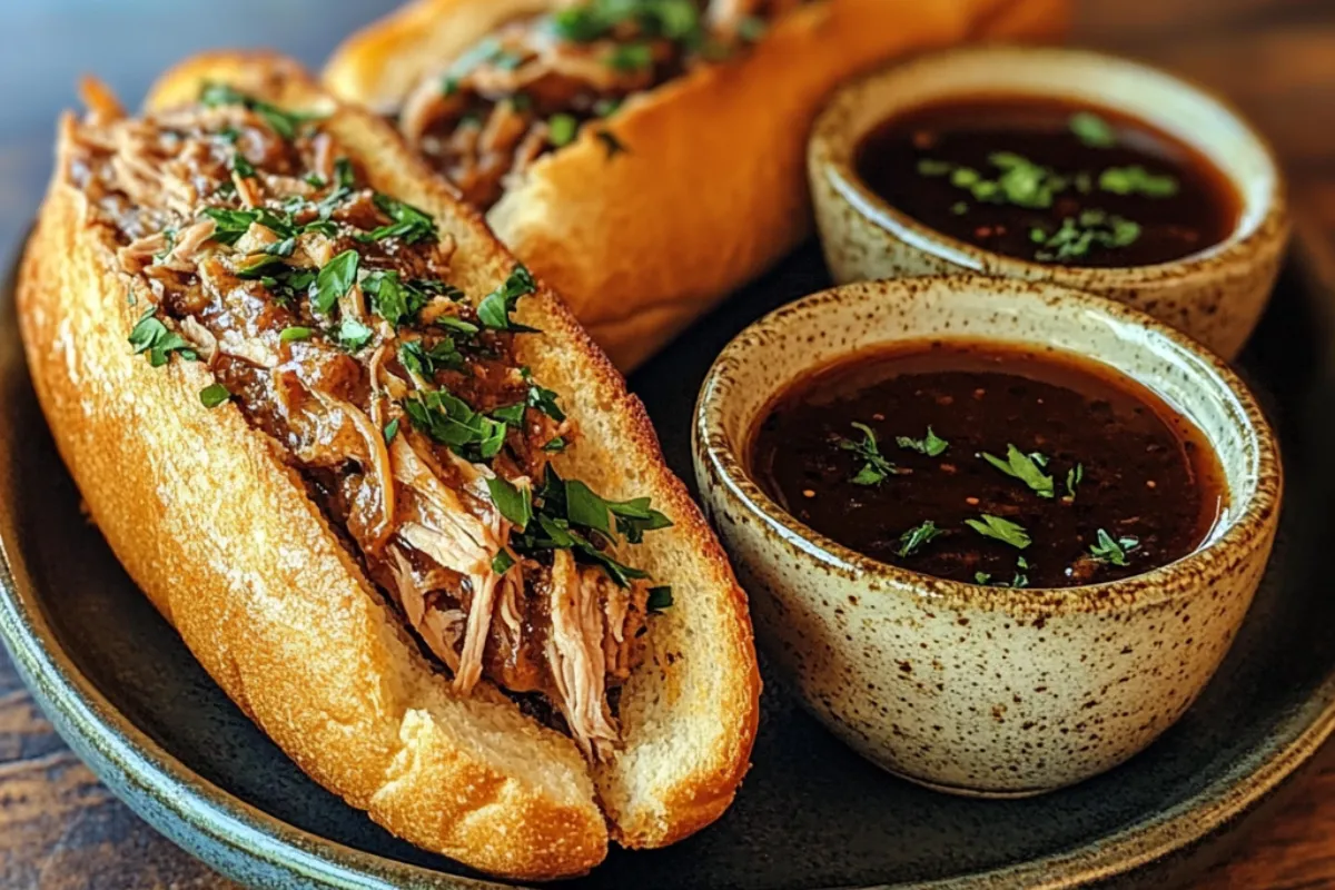 Crockpot French Dip Sandwiches with melted cheese and au jus for dipping.