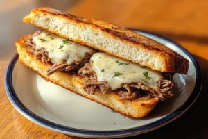 Crockpot French Dip Sandwiches with melted cheese and au jus for dipping.

