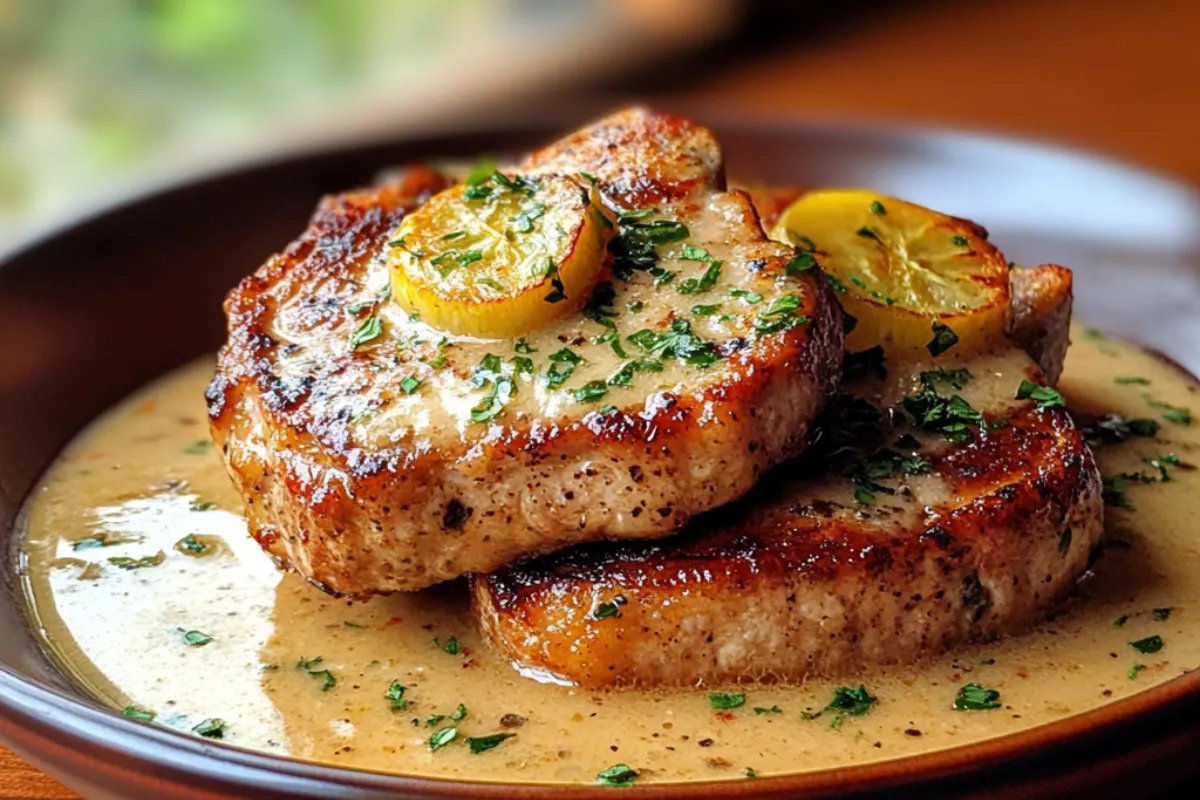 Slow Cooker Ranch Pork Chops served with creamy sauce and vegetables in a slow cooker