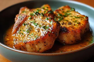 Slow Cooker Ranch Pork Chops served with creamy sauce and vegetables in a slow cooker