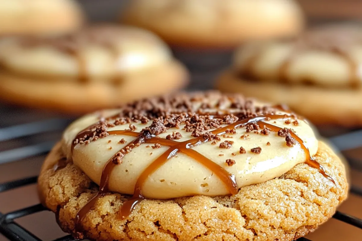 Caramel Cheesecake Cookie with a drizzle of salted caramel