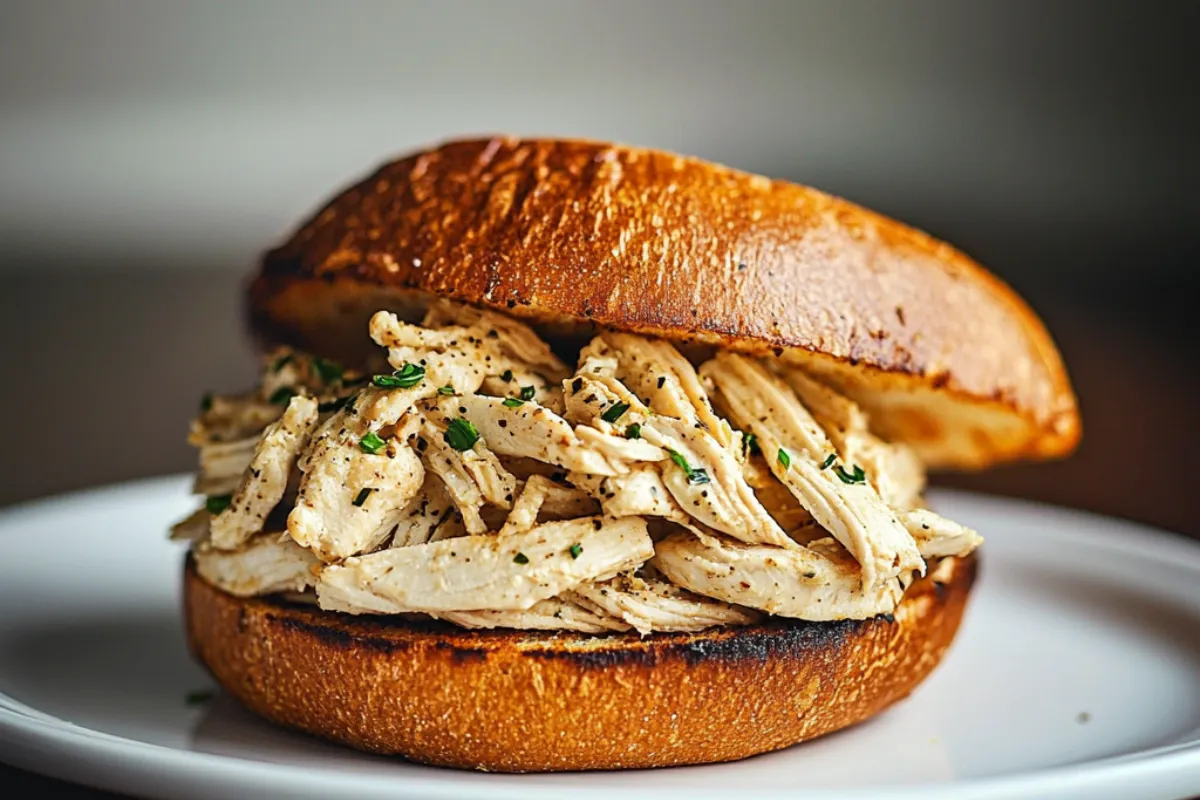 Crock Pot Ranch Chicken Sandwiches with creamy ranch sauce and shredded cheddar cheese on soft buns