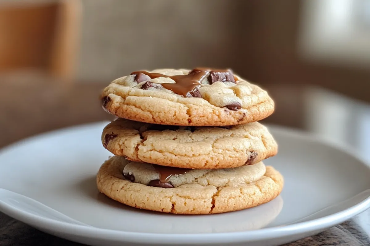 Close-up of caramel cheesecake cookies with creamy topping and caramel drizzle.