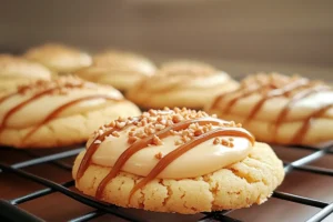 Close-up of caramel cheesecake cookies with creamy topping and caramel drizzle.

