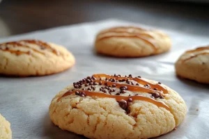 Close-up of caramel cheesecake cookies with creamy topping and caramel drizzle.

