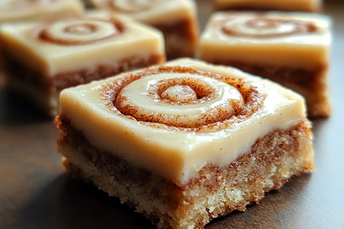 Cinnamon Roll Bliss Bars served on a plate with gooey cinnamon swirl and a light glaze on top.