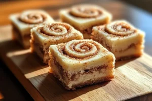 Cinnamon Roll Bliss Bars served on a plate with gooey cinnamon swirl and a light glaze on top.