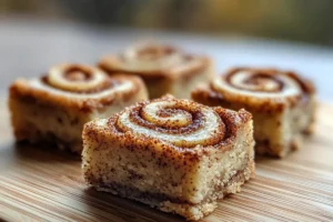 Cinnamon Roll Bliss Bars served on a plate with gooey cinnamon swirl and a light glaze on top.