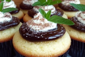 Boston Cream Pie Cupcakes topped with rich chocolate ganache and creamy pastry filling

