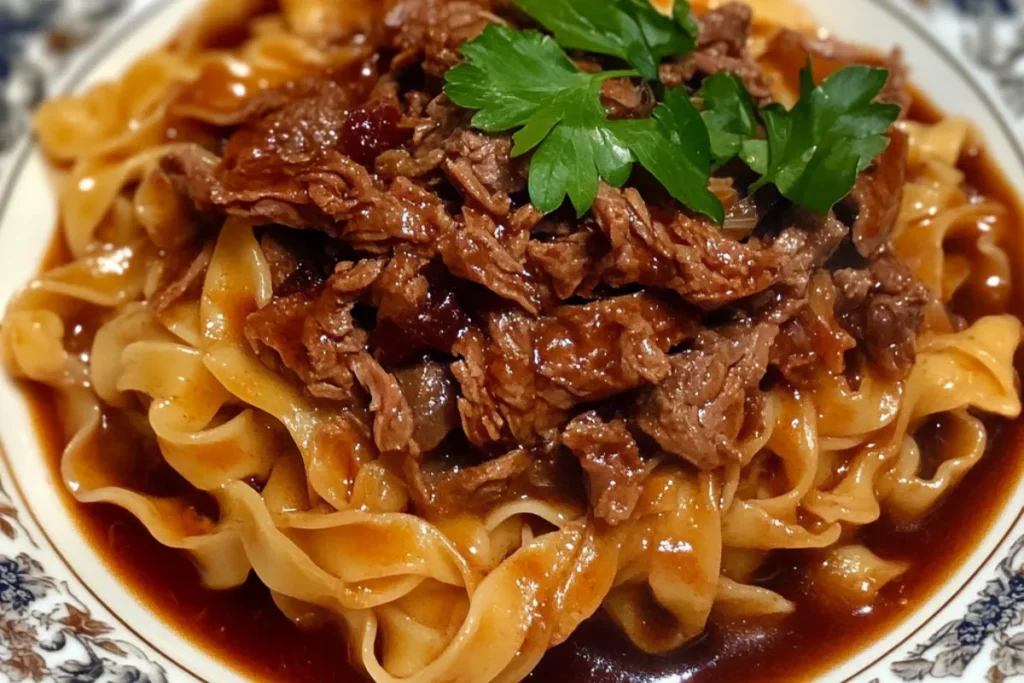 A bowl of French onion beef and noodles with caramelized onions, tender beef, and egg noodles in a rich broth.