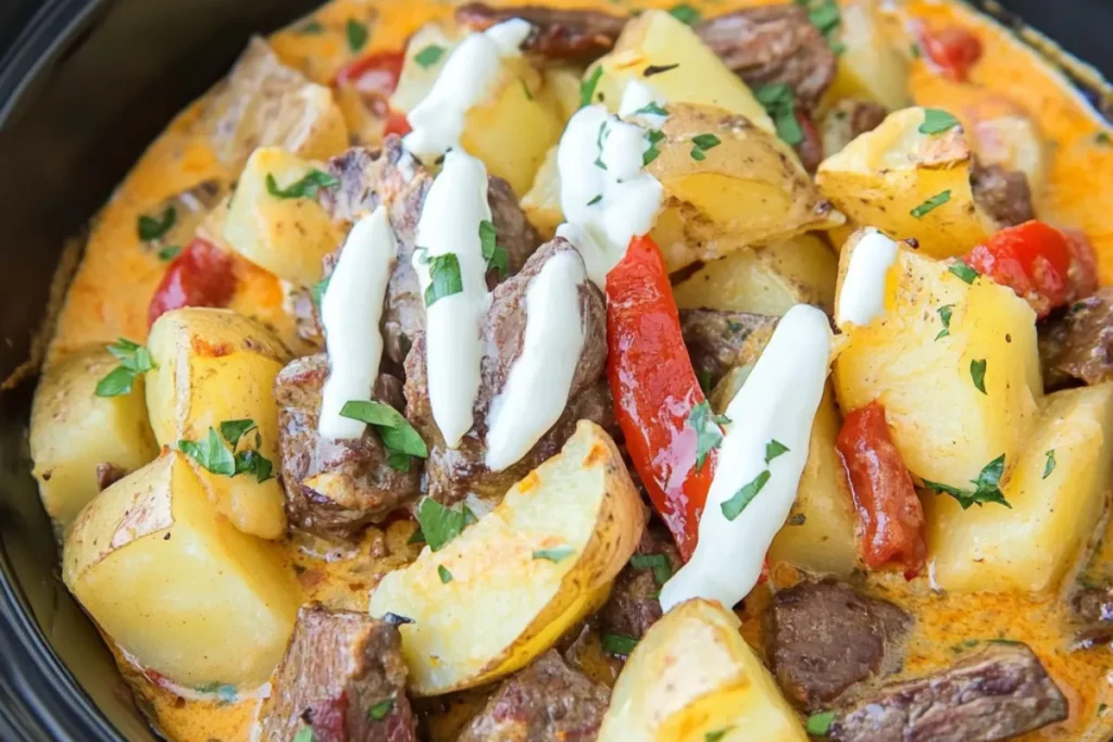 Crockpot Loaded Steak and Potato Bake with melted cheese and tender steak and potatoes.