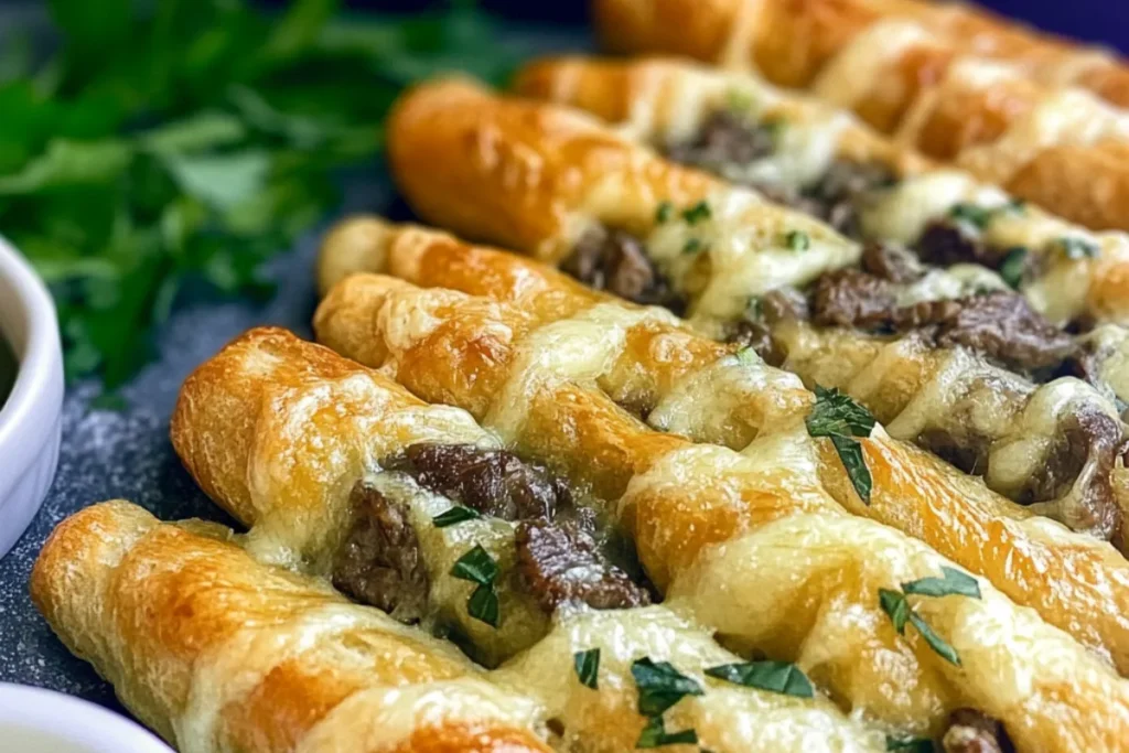 Philly Cheesesteak Stuffed Cheesy Breadsticks with melted cheese and tender steak filling, perfect for an appetizer or snack.