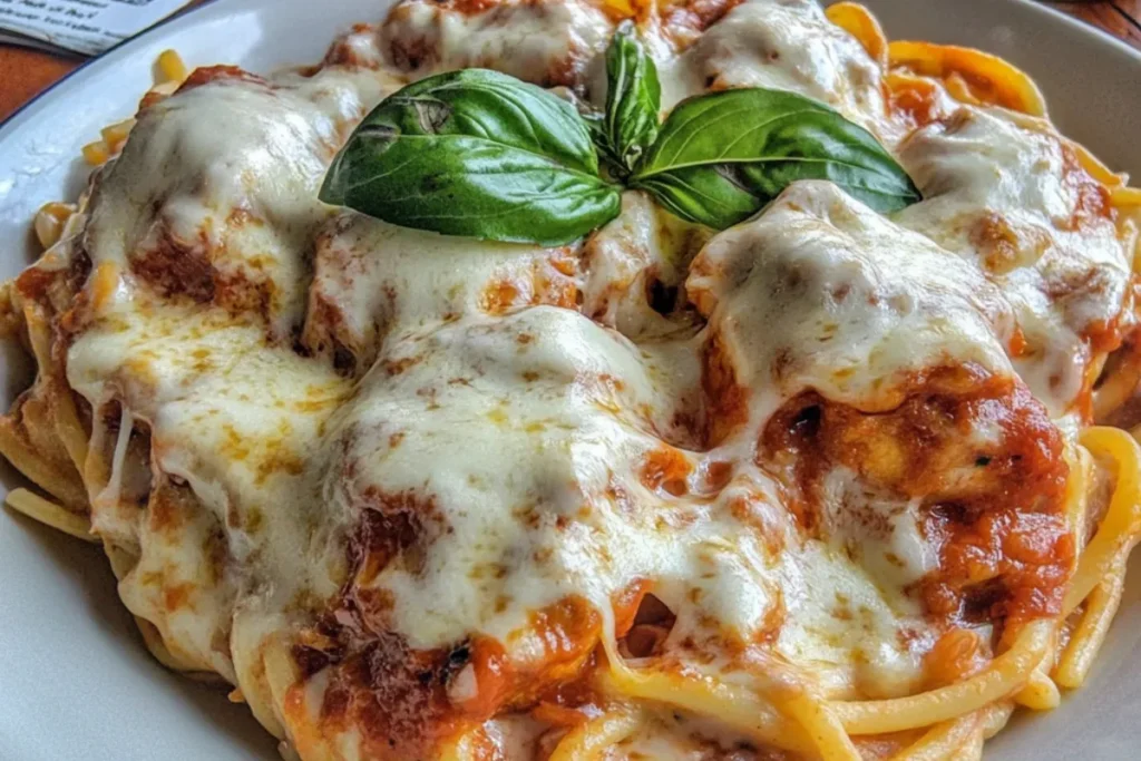 Monterey Chicken Spaghetti casserole topped with melted cheese and crispy onions.