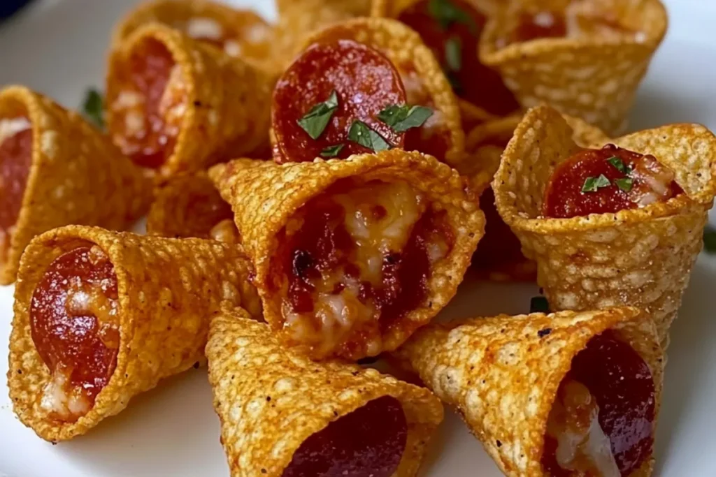 A plate of crispy homemade Doritos Pizza Rolls, filled with cheese and pepperoni, ready to serve with dipping sauces.