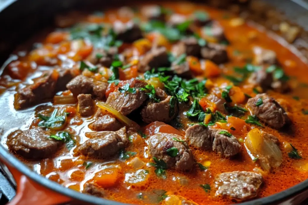 A bowl of hearty classic goulash with beef, paprika, and vegetables served with crusty bread.