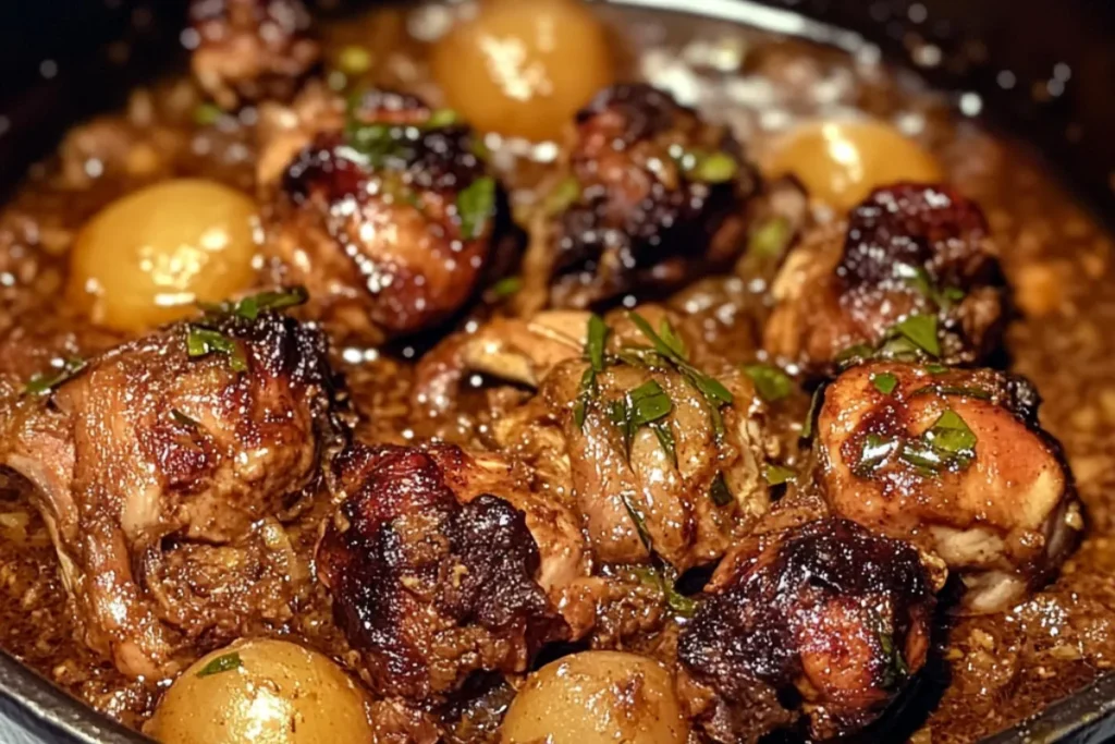 "Authentic Jamaican Brown Stew Chicken with rich, savory gravy, served with rice and peas on a plate."