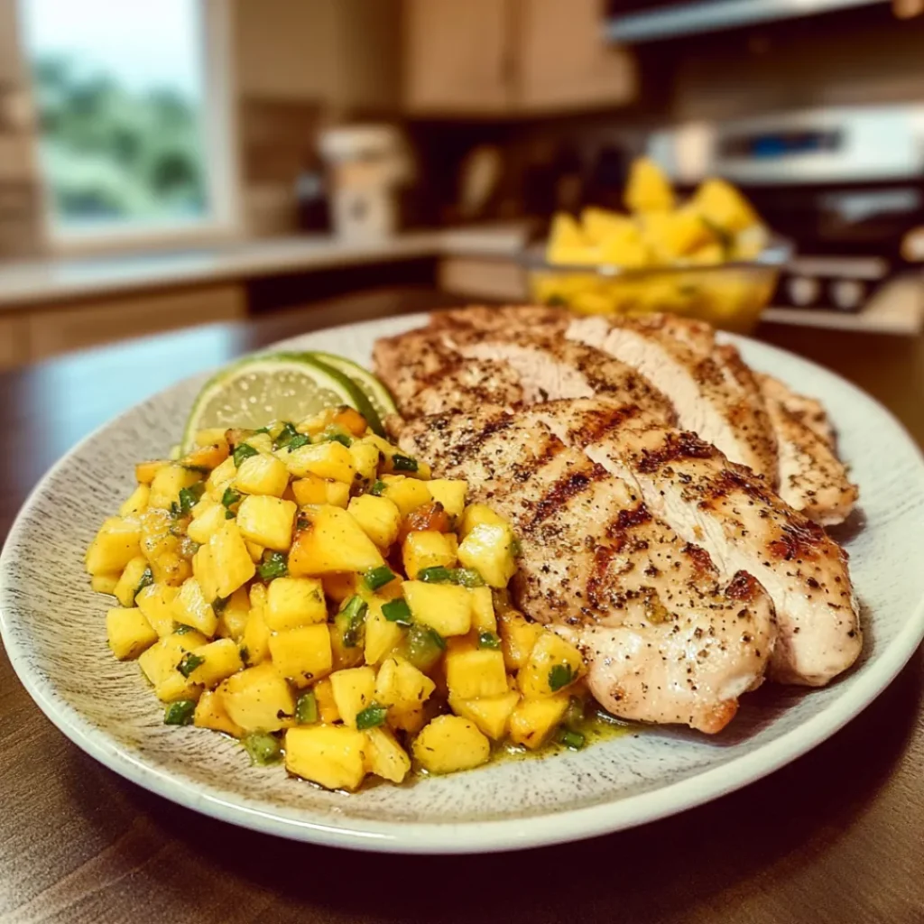 Grilled lemon ginger chicken with fresh herbs on a plate.