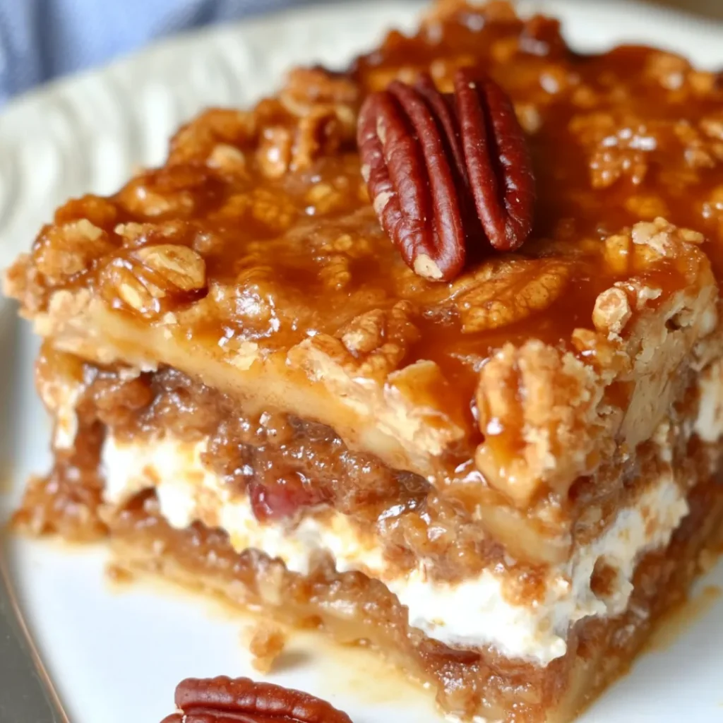 A slice of pecan pie lasagna with layers of creamy filling and topped with caramel sauce and chopped pecans.