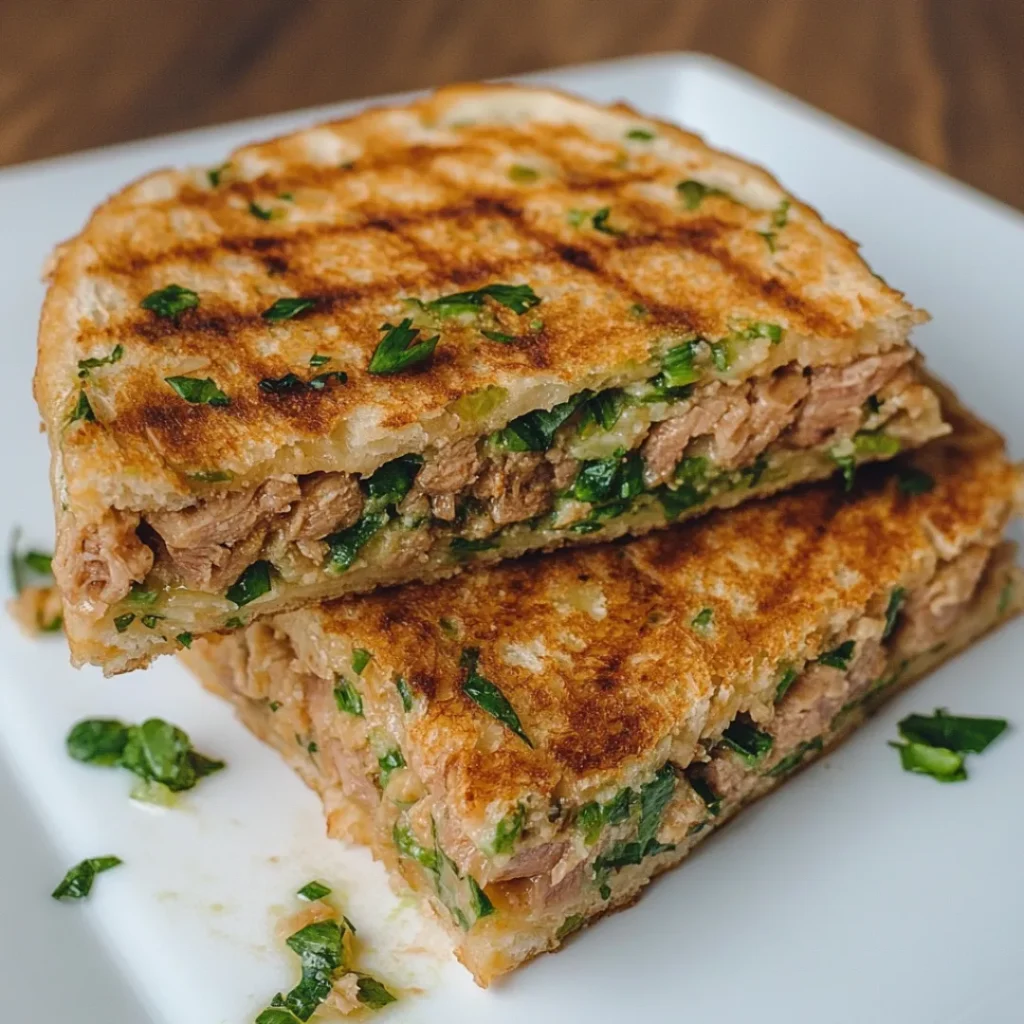 Crispy tuna melt patties with melted cheese, served on a plate with vegetables and a side of dipping sauce.