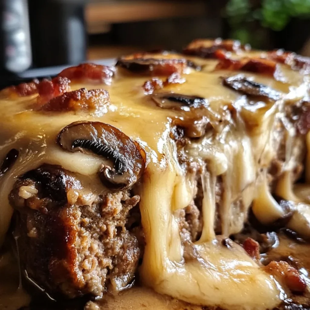 Bacon Mushroom Swiss Cheese Meatloaf fresh from the oven, garnished with crispy bacon and melted cheese.