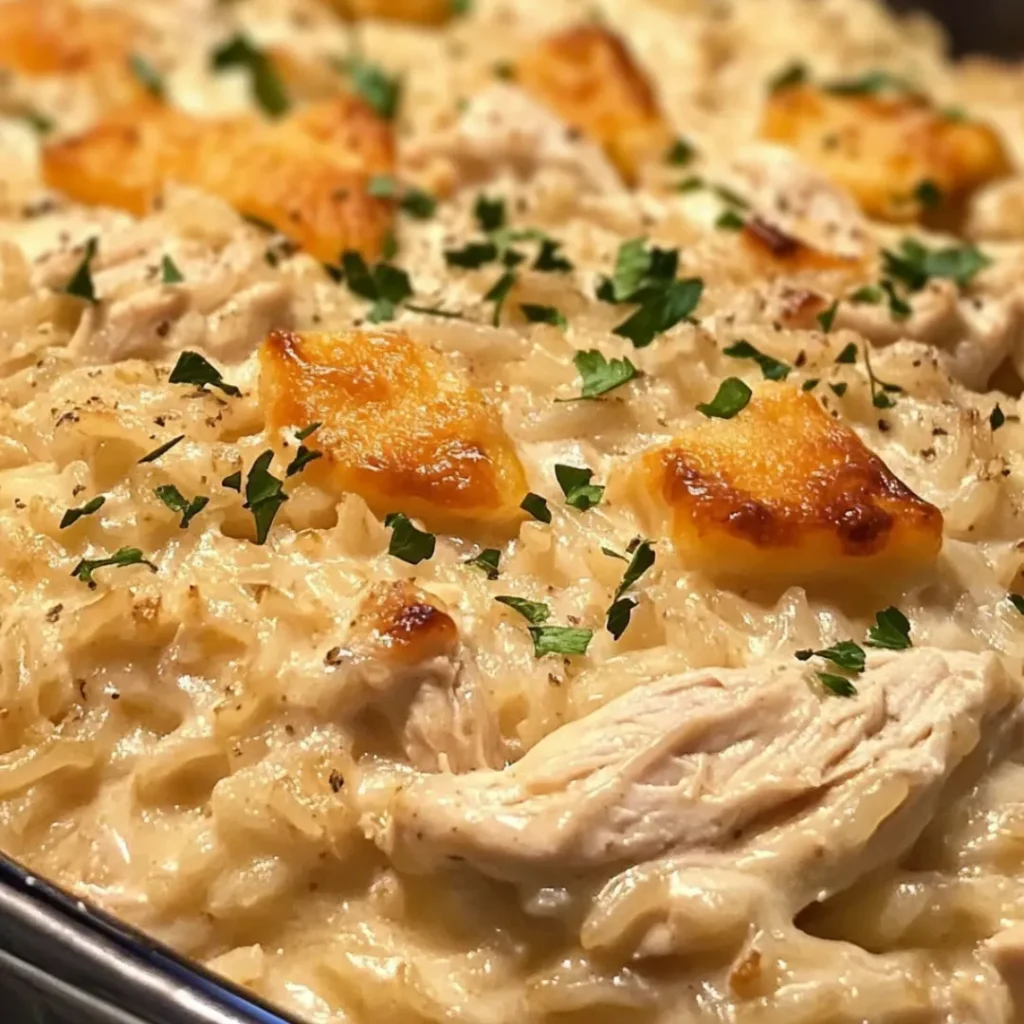 Creamy Chicken & Rice Casserole, a comforting dish with chicken, rice, and a rich creamy sauce, perfect for family meals.