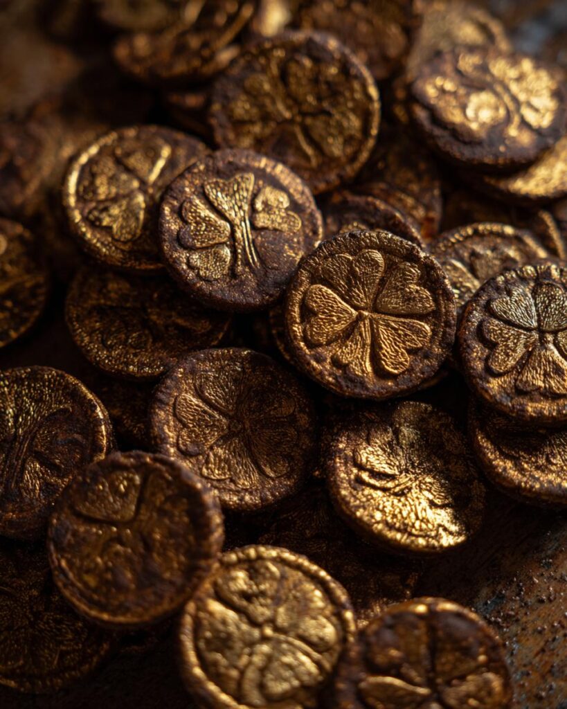 Ultra-realistic chocolate cookie with cracked surface and embedded gold-colored chocolate coins, glossy finish, studio lighting, neutral background