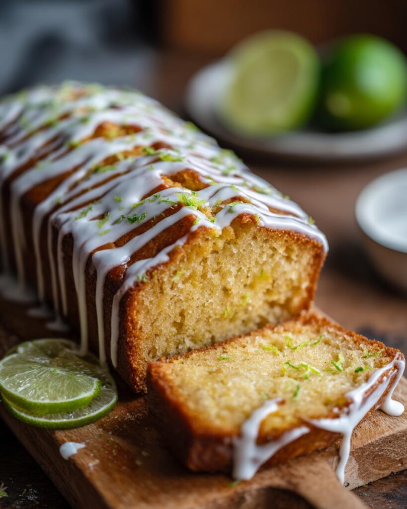 Ultra-realistic lime cake with golden crumb and visible zest, topped with glossy white chocolate drizzle, isolated on a neutral studio background with studio lighting