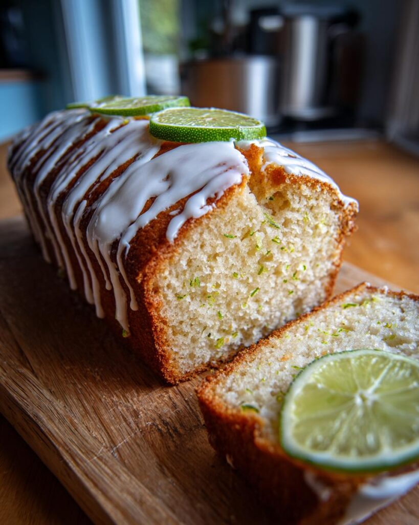 Ultra-realistic lime cake with golden crumb and visible zest, topped with glossy white chocolate drizzle, isolated on a neutral studio background with studio lighting