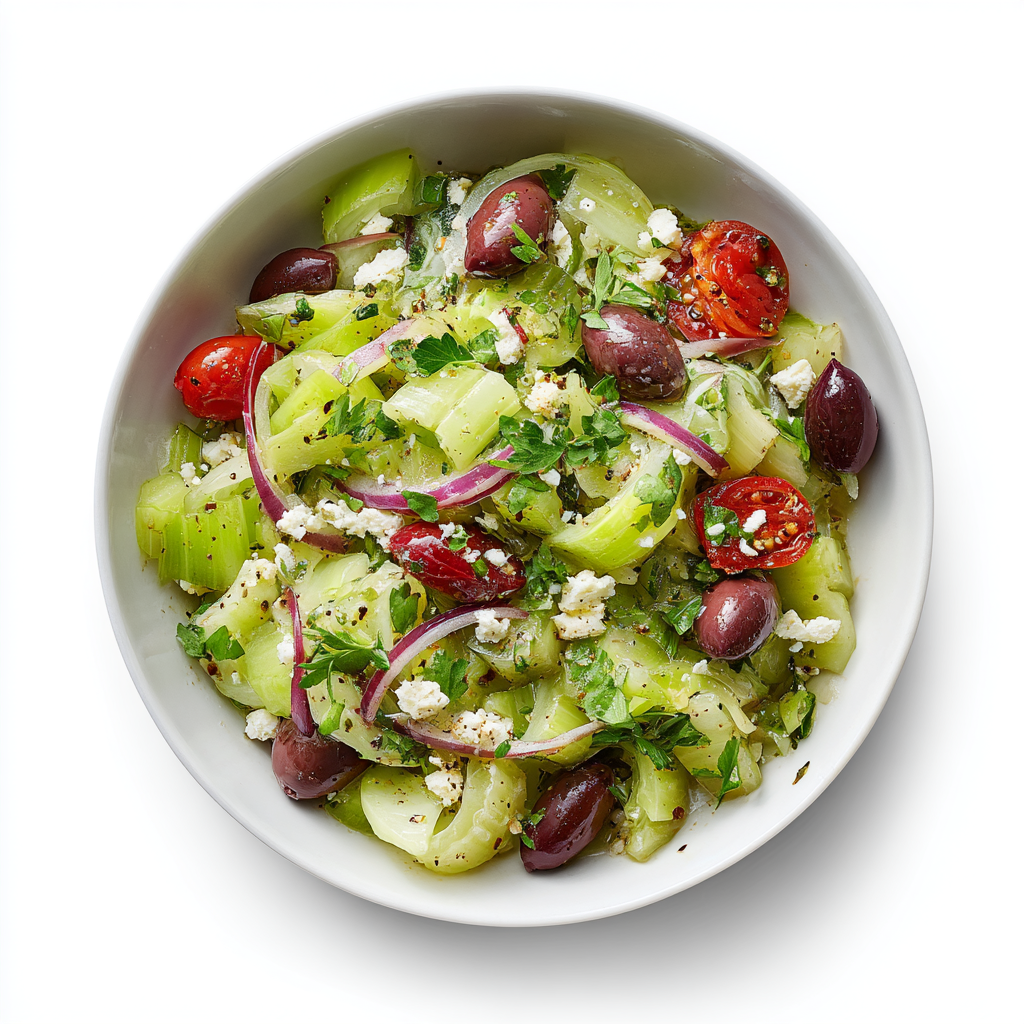 Ultra-realistic celery salad with sliced celery, cherry tomato halves, kalamata olives, crumbled feta cheese, red onion slices, chopped parsley and basil, lightly dressed and served in a white bowl