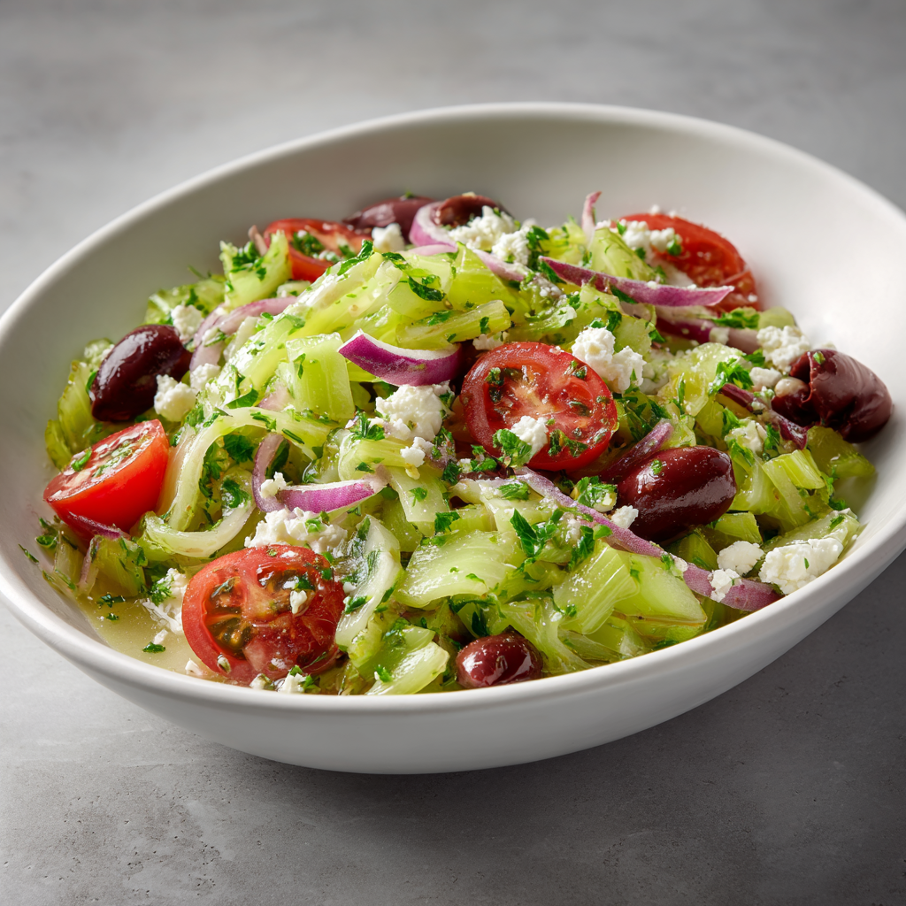 Ultra-realistic celery salad with sliced celery, cherry tomato halves, kalamata olives, crumbled feta cheese, red onion slices, chopped parsley and basil, lightly dressed and served in a white bowl