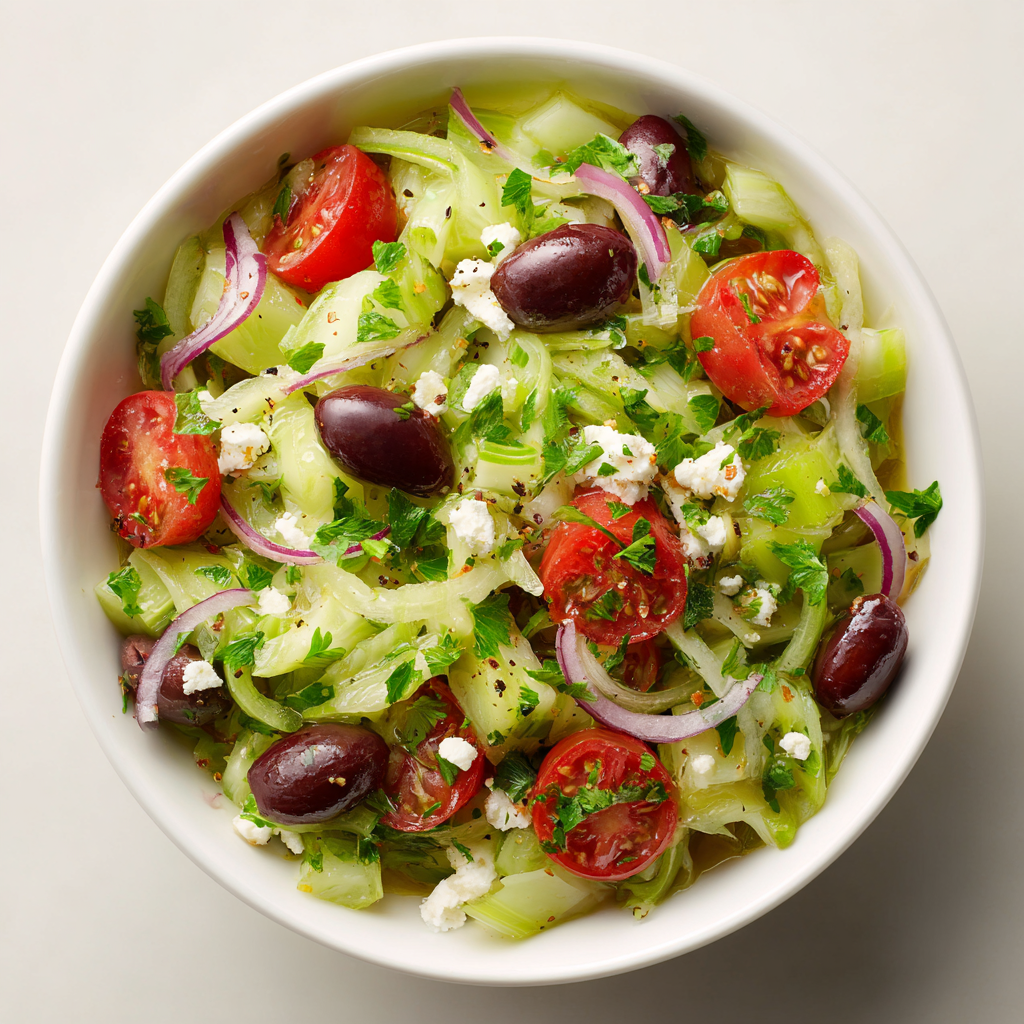 Ultra-realistic celery salad with sliced celery, cherry tomato halves, kalamata olives, crumbled feta cheese, red onion slices, chopped parsley and basil, lightly dressed and served in a white bowl